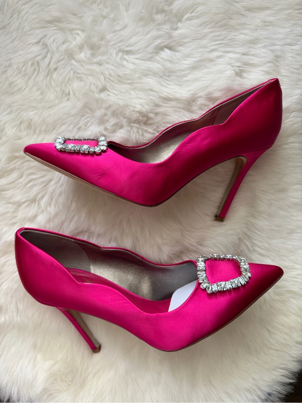 New! Sam Edelman Fuchsia Satin Pointed Toe Crystal Buckle Pumps